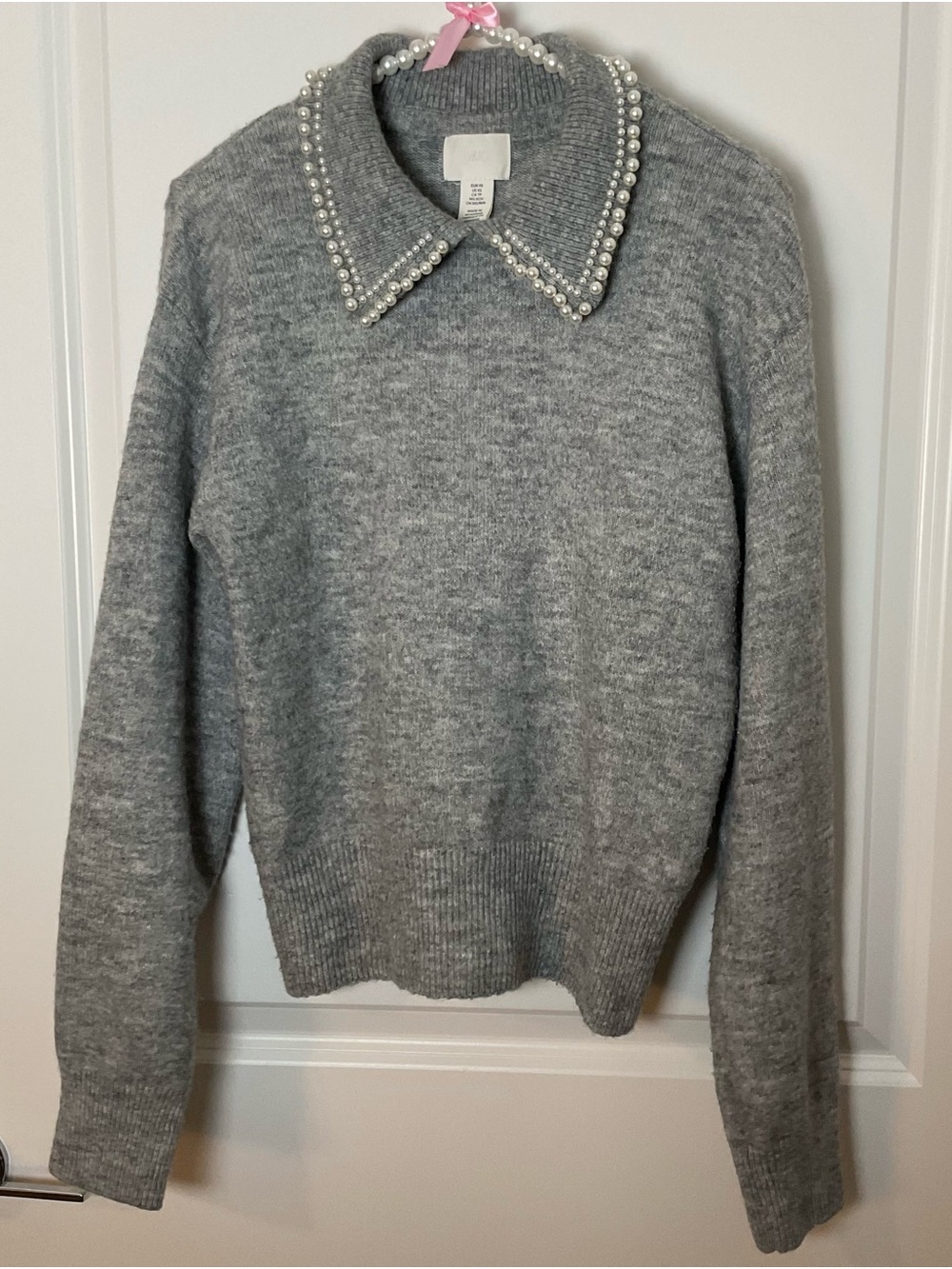 H&M Gray Pearl-Trim Collar Crewneck Sweater